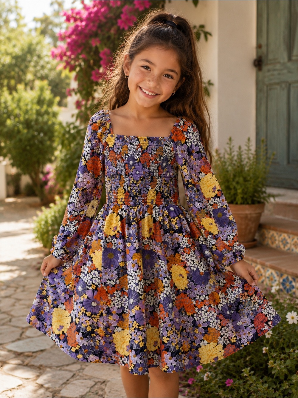 Crewcuts Girls Size 12 Floral Smocked Ruffle Dress | Purple & Yellow | Like New